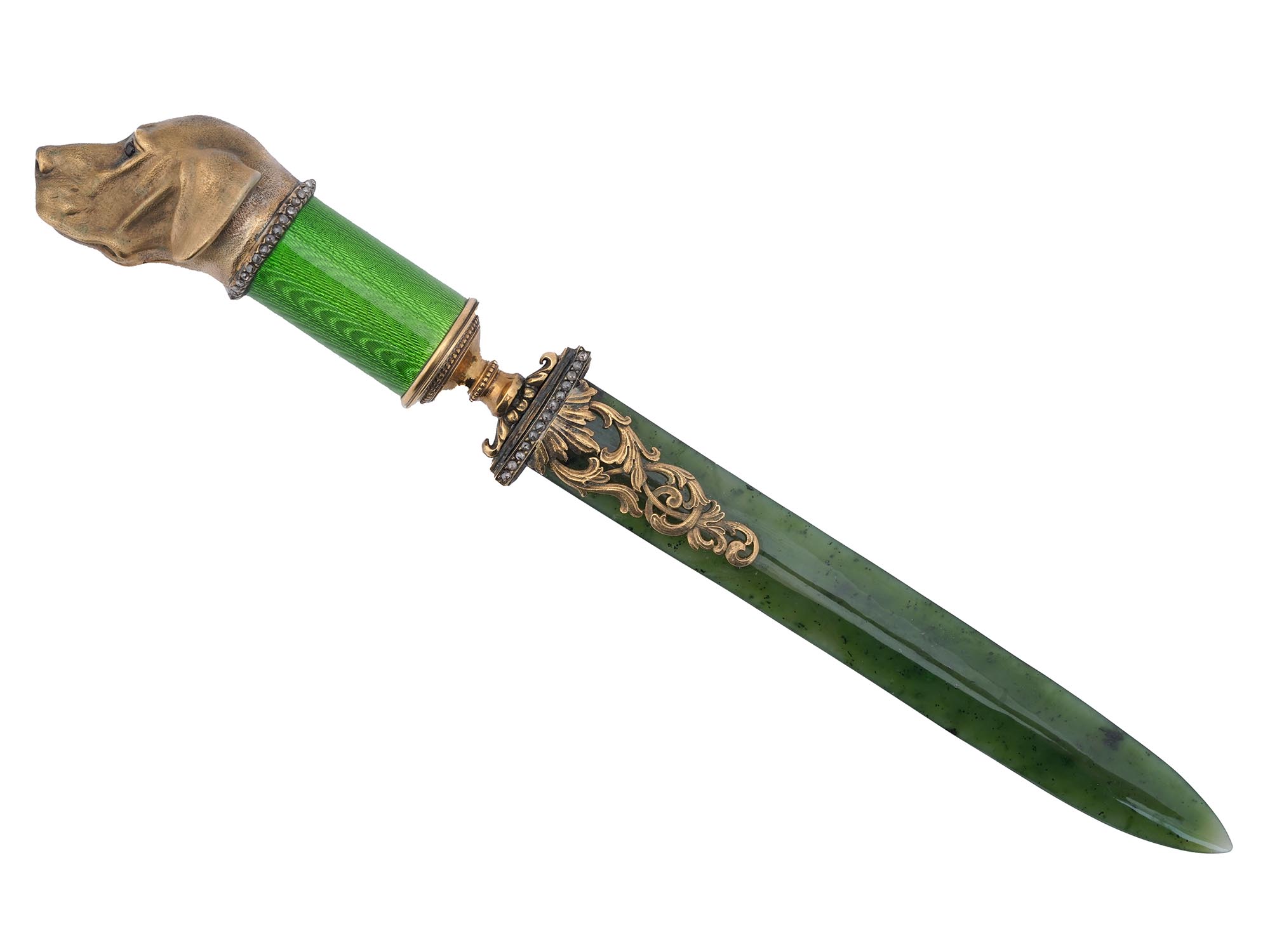 RUSSIAN SILVER JADE DIAMONDS LETTER OPENER KNIFE PIC-1